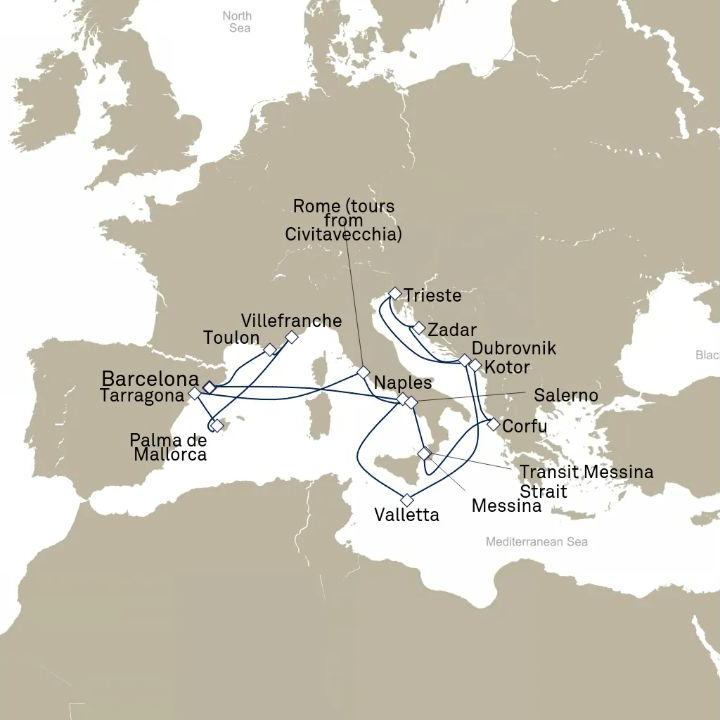 Queen Victoria Voyage V615B itinerary map from Barcelona, Spain to Barcelona, Spain