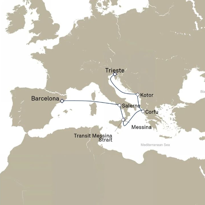 Queen Victoria Voyage V615A itinerary map from Barcelona, Spain to Trieste, Italy