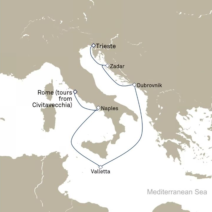 Queen Victoria Voyage V613C itinerary map from Trieste, Italy to Civitavecchia (tours to Rome), Italy