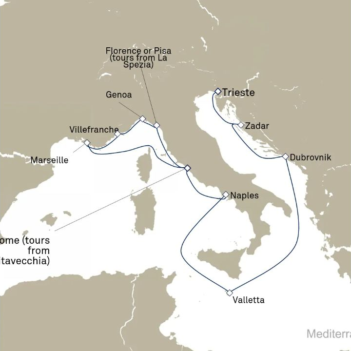 Queen Victoria Voyage V613D itinerary map from Trieste, Italy to Civitavecchia (tours to Rome), Italy