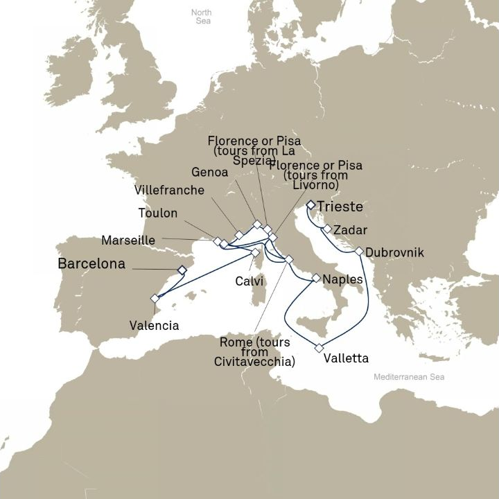 Queen Victoria Voyage V613E itinerary map from Trieste, Italy to Barcelona, Spain