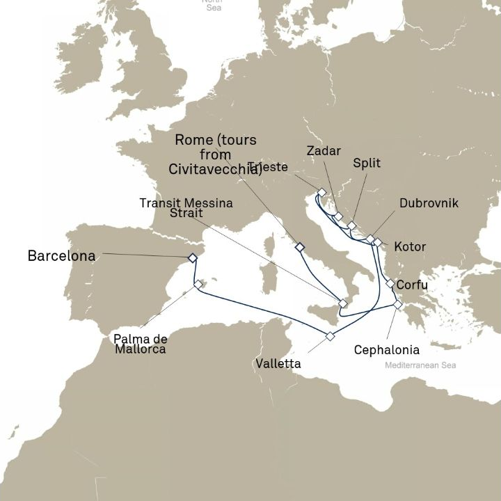Queen Victoria Voyage V611 itinerary map from Civitavecchia (tours to Rome), Italy to Barcelona, Spain