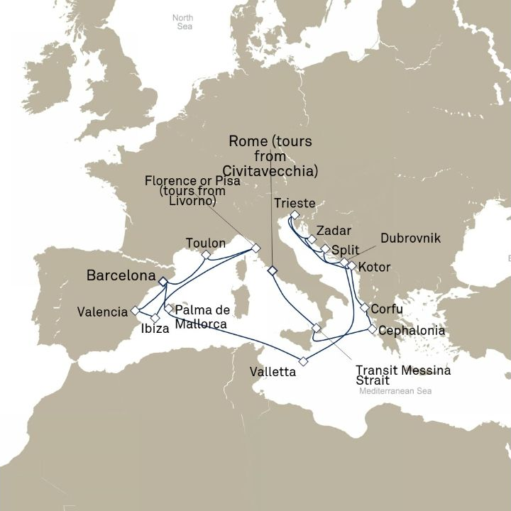 Queen Victoria Voyage V611B itinerary map from Civitavecchia (tours to Rome), Italy to Barcelona, Spain
