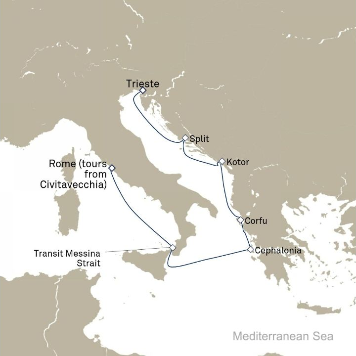 Queen Victoria Voyage V611A itinerary map from Civitavecchia (tours to Rome), Italy to Trieste, Italy
