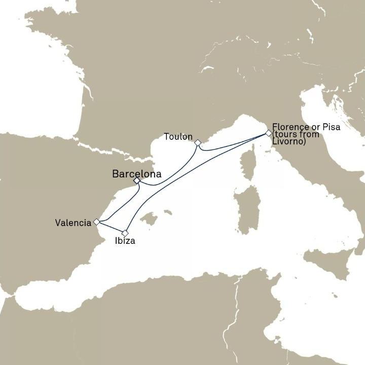 Queen Victoria Voyage V612A itinerary map from Barcelona, Spain to Barcelona, Spain
