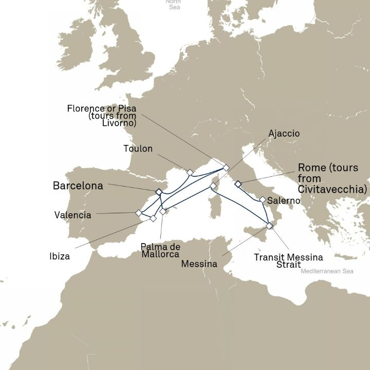 Queen Victoria Voyage V612 itinerary map from Barcelona, Spain to Civitavecchia (tours to Rome), Italy