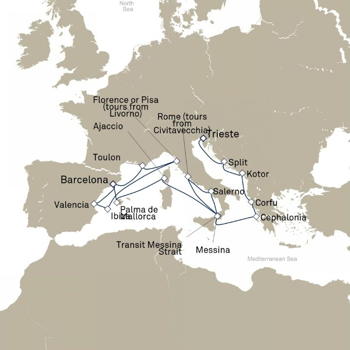 Queen Victoria Voyage V612B itinerary map from Barcelona, Spain to Trieste, Italy