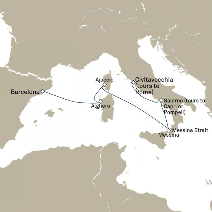 Queen Victoria Voyage V612C itinerary map from Barcelona, Spain to Civitavecchia (tours to Rome), Italy