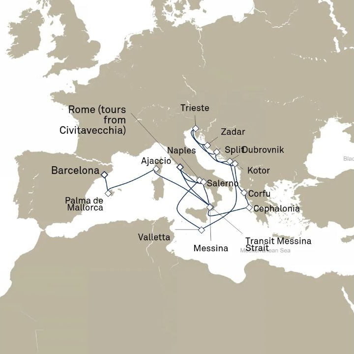 Queen Victoria Voyage V612E itinerary map from Barcelona, Spain to Civitavecchia (tours to Rome), Italy