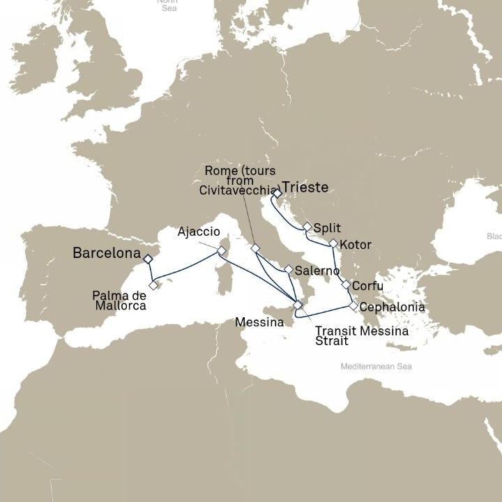 Queen Victoria Voyage V612D itinerary map from Barcelona, Spain to Trieste, Italy