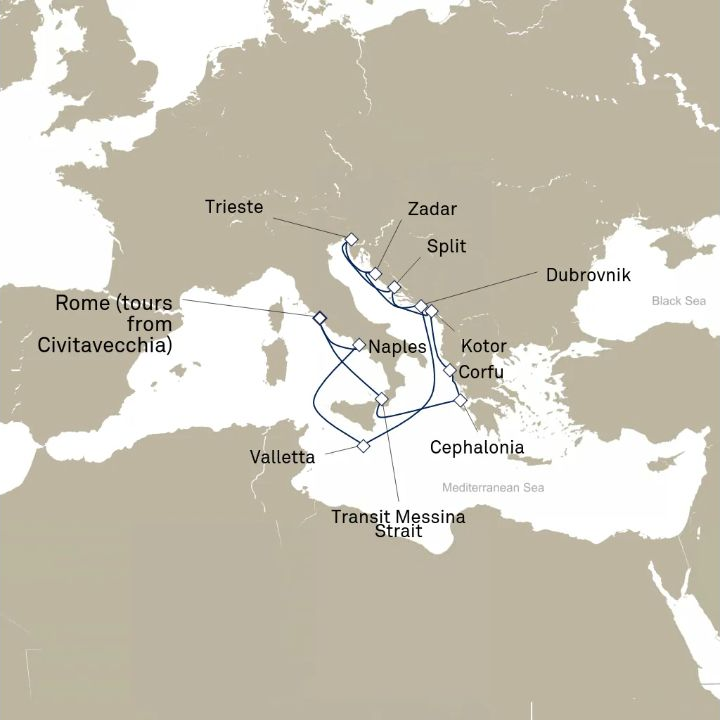 Queen Victoria Voyage V613 itinerary map from Civitavecchia (tours to Rome), Italy to Civitavecchia (tours to Rome), Italy