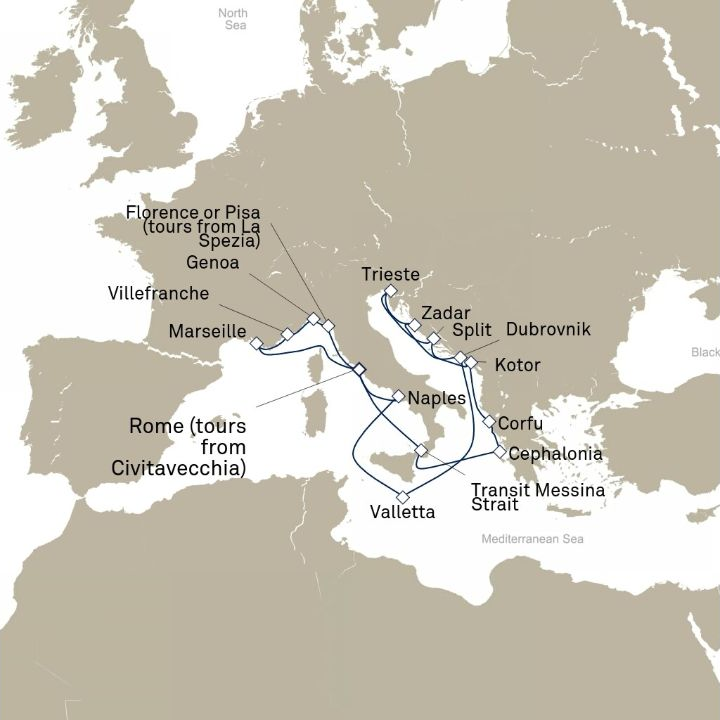 Queen Victoria Voyage V613B itinerary map from Civitavecchia (tours to Rome), Italy to Civitavecchia (tours to Rome), Italy