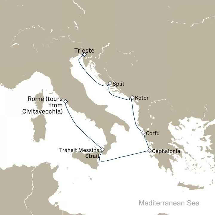 Queen Victoria Voyage V613A itinerary map from Civitavecchia (tours to Rome), Italy to Trieste, Italy