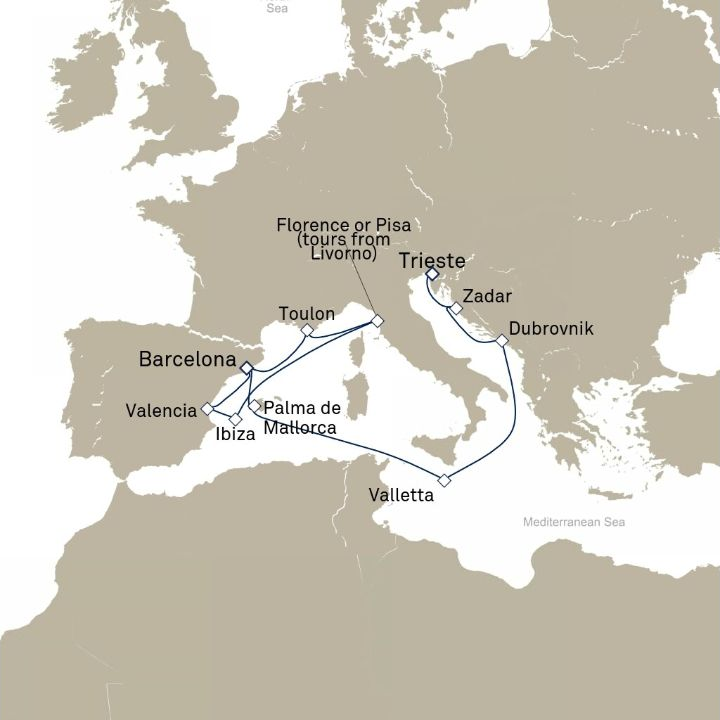Queen Victoria Voyage V611D itinerary map from Trieste, Italy to Barcelona, Spain