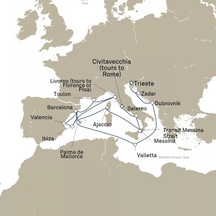 Queen Victoria Voyage V611E itinerary map from Trieste, Italy to Civitavecchia (tours to Rome), Italy