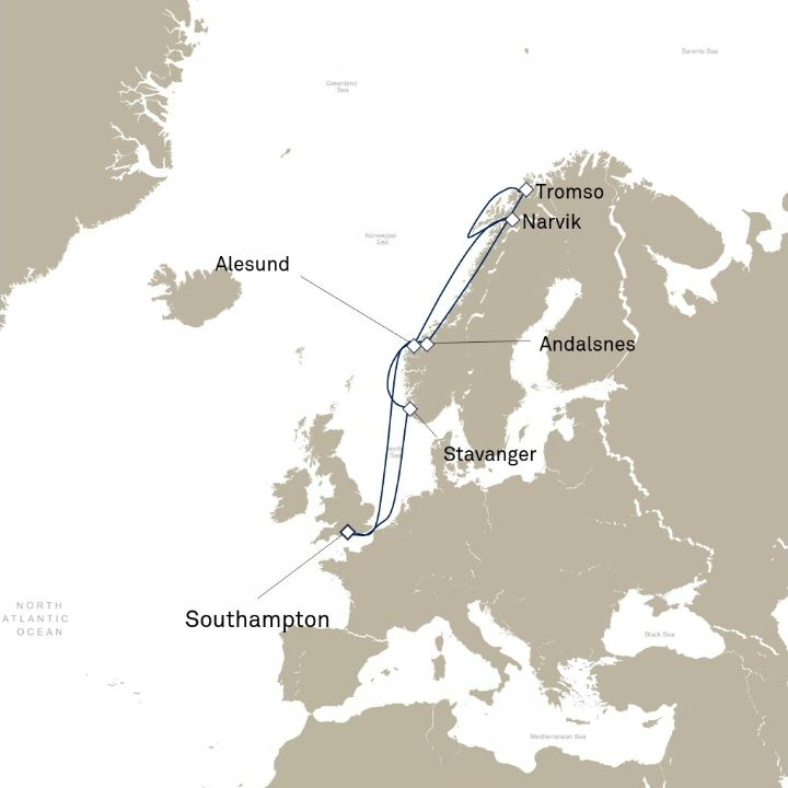 Queen Victoria Voyage V605 itinerary map from Southampton, England, UK to Southampton, England, UK