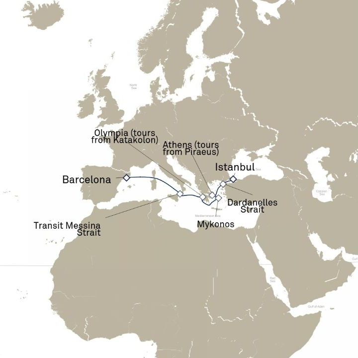 Queen Victoria Voyage V609D itinerary map from Istanbul, Turkey to Barcelona, Spain