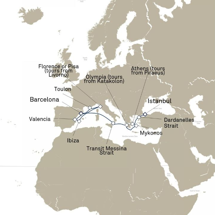 Queen Victoria Voyage V609E itinerary map from Istanbul, Turkey to Barcelona, Spain