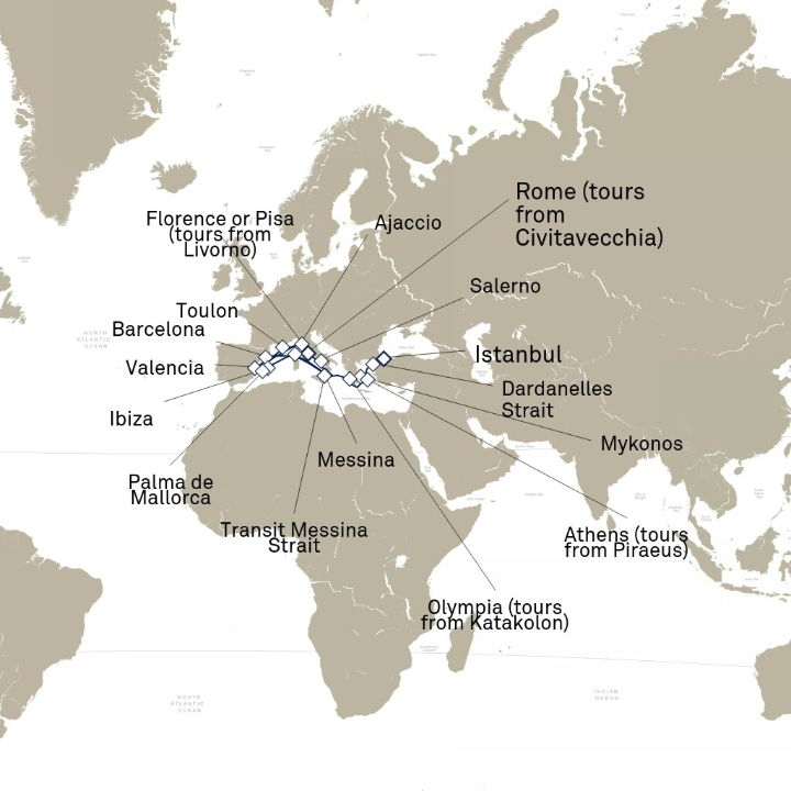 Queen Victoria Voyage V609F itinerary map from Istanbul, Turkey to Civitavecchia (tours to Rome), Italy