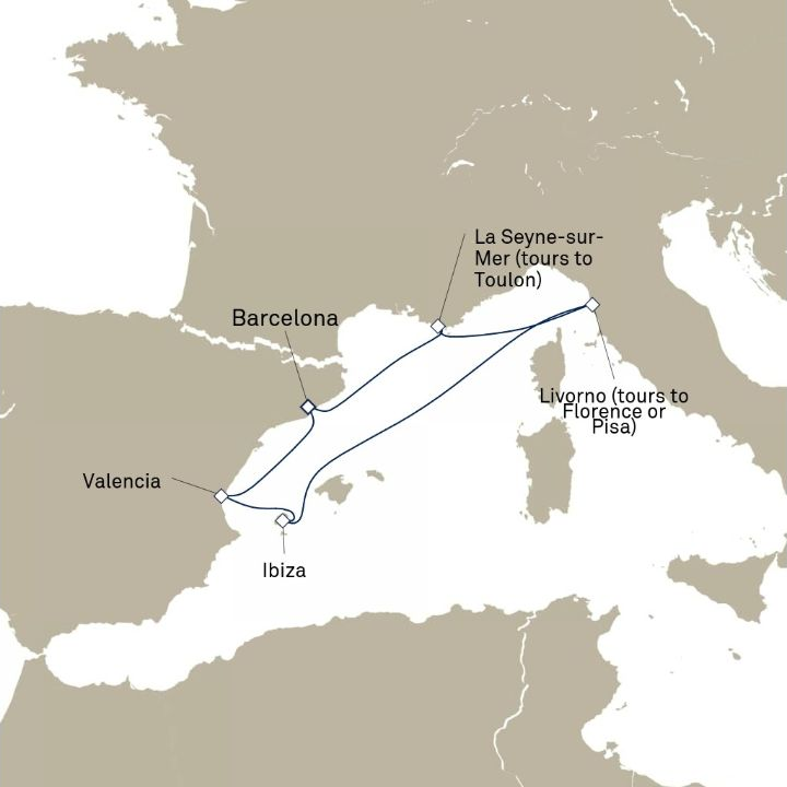 Queen Victoria Voyage V610A itinerary map from Barcelona, Spain to Barcelona, Spain