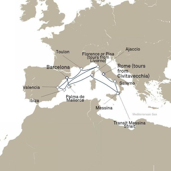 Queen Victoria Voyage V610 itinerary map from Barcelona, Spain to Civitavecchia (tours to Rome), Italy