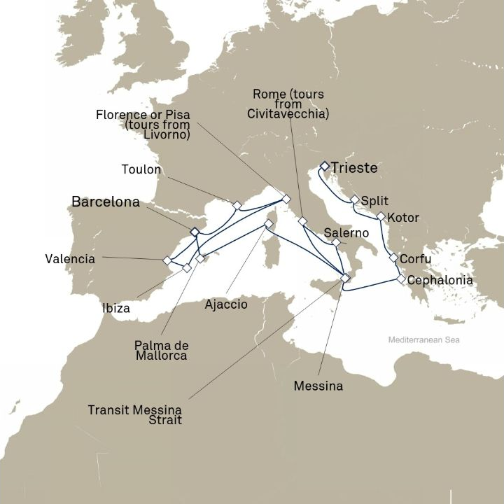 Queen Victoria Voyage V610B itinerary map from Barcelona, Spain to Trieste, Italy