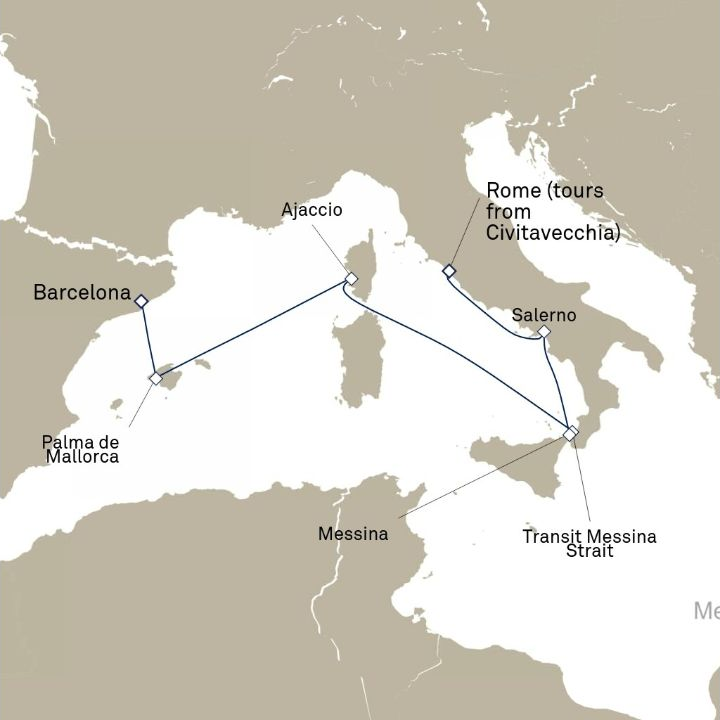 Queen Victoria Voyage V610C itinerary map from Barcelona, Spain to Civitavecchia (tours to Rome), Italy