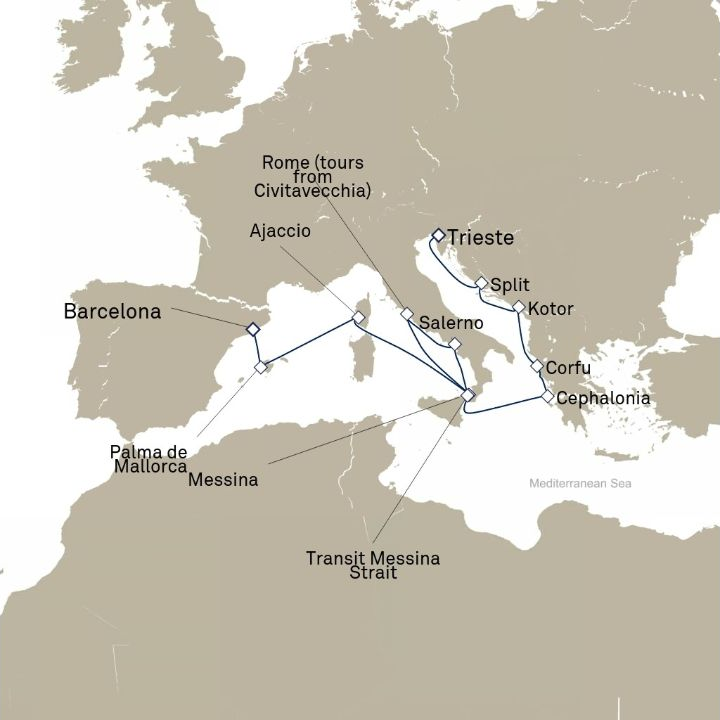 Queen Victoria Voyage V610D itinerary map from Barcelona, Spain to Trieste, Italy