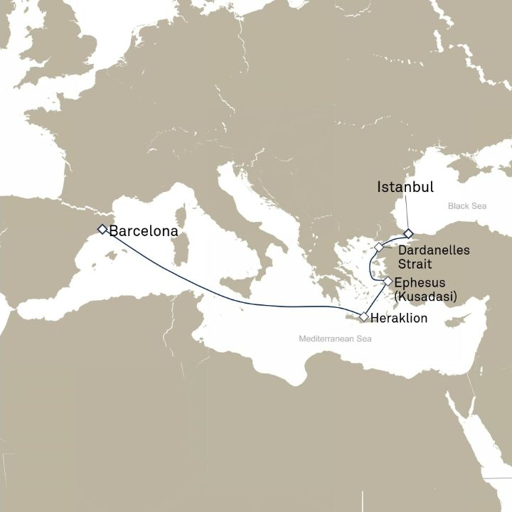 Queen Victoria Voyage V609A itinerary map from Barcelona, Spain to Istanbul, Turkey