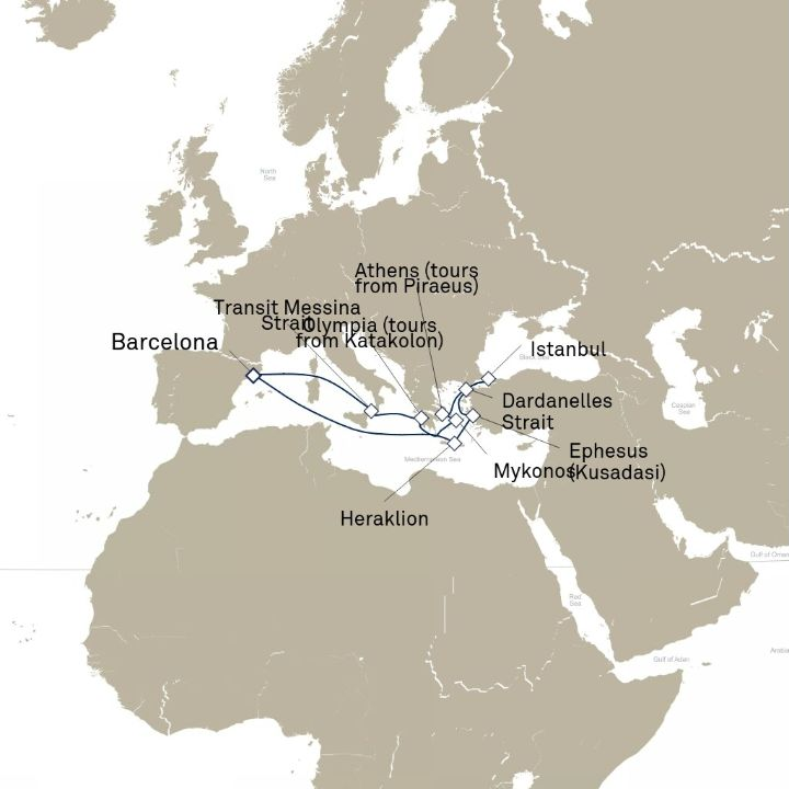 Queen Victoria Voyage V609 itinerary map from Barcelona, Spain to Barcelona, Spain