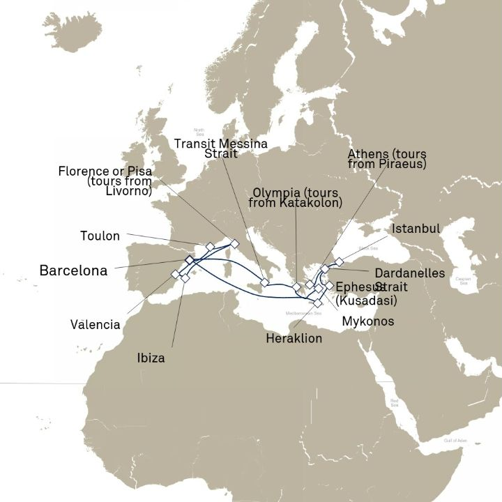 Queen Victoria Voyage V609B itinerary map from Barcelona, Spain to Barcelona, Spain