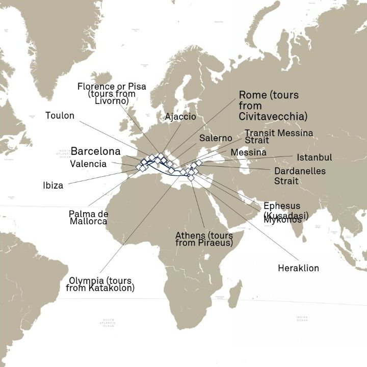 Queen Victoria Voyage V609C itinerary map from Barcelona, Spain to Civitavecchia (tours to Rome), Italy