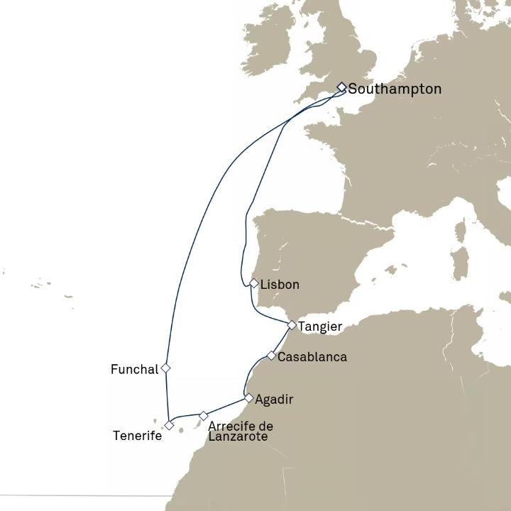 Queen Victoria Voyage V623 itinerary map from Southampton, England, UK to Southampton, England, UK