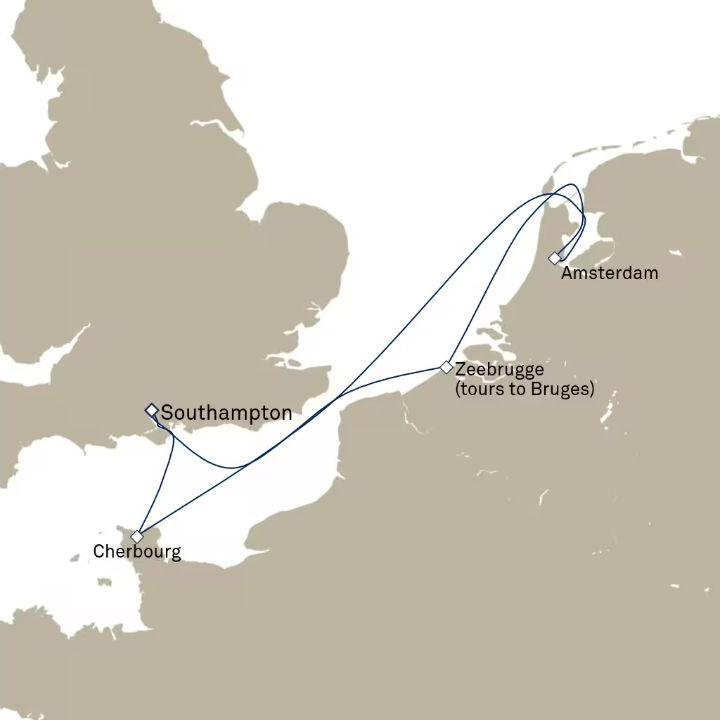 Queen Victoria Voyage V624 itinerary map from Southampton, England, UK to Southampton, England, UK