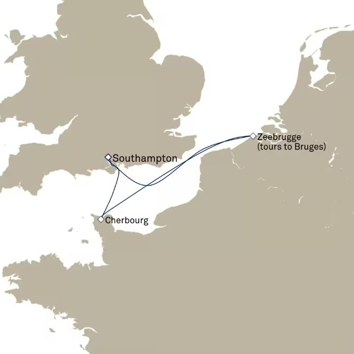 Queen Victoria Voyage V622 itinerary map from Southampton, England, UK to Southampton, England, UK
