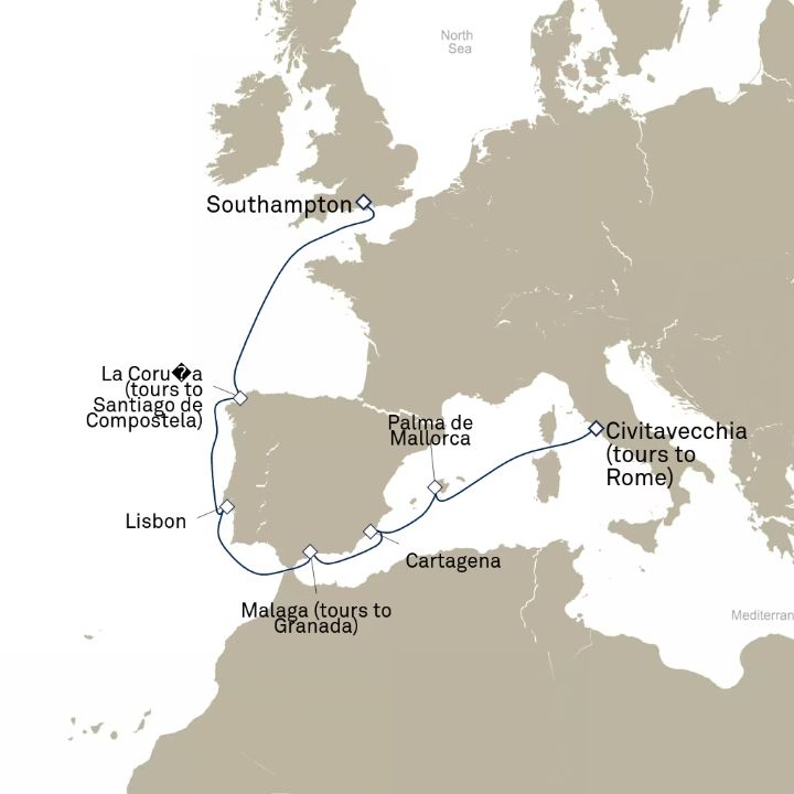 Queen Victoria Voyage V620 itinerary map from Civitavecchia (tours to Rome), Italy to Southampton, England, UK
