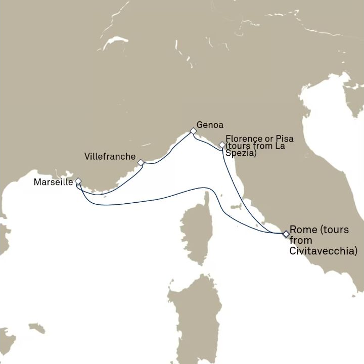 Queen Victoria Voyage V618D itinerary map from Civitavecchia (tours to Rome), Italy to Civitavecchia (tours to Rome), Italy