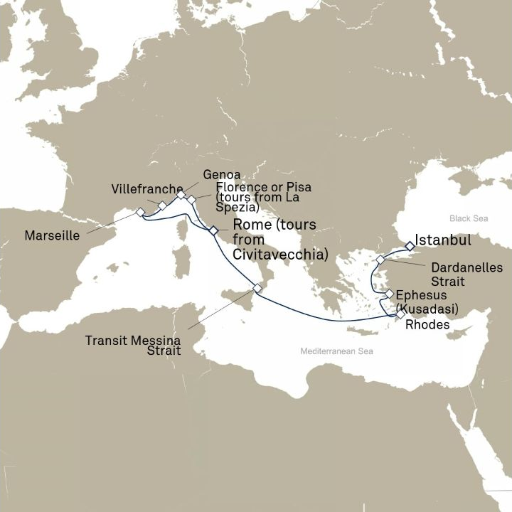 Queen Victoria Voyage V618E itinerary map from Civitavecchia (tours to Rome), Italy to Istanbul, Turkey
