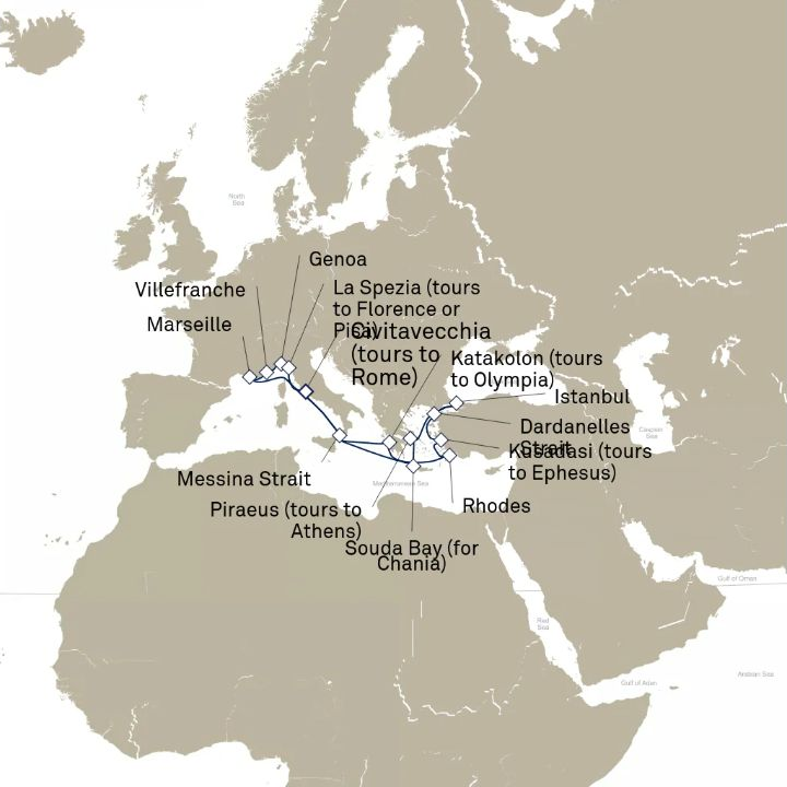 Queen Victoria Voyage V618F itinerary map from Civitavecchia (tours to Rome), Italy to Civitavecchia (tours to Rome), Italy