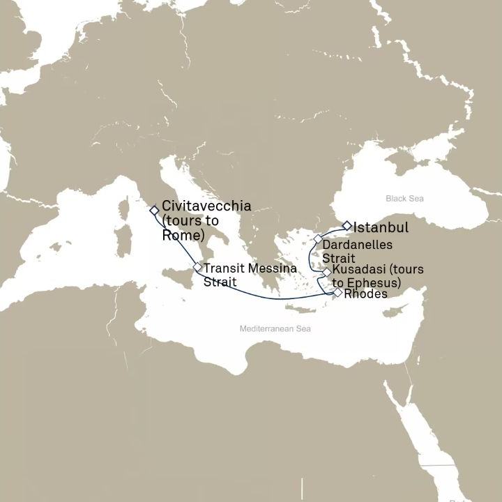 Queen Victoria Voyage V619A itinerary map from Civitavecchia (tours to Rome), Italy to Istanbul, Turkey