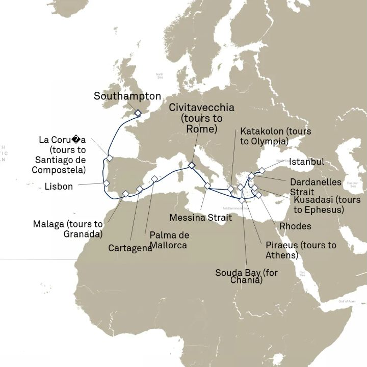 Queen Victoria Voyage V619B itinerary map from Civitavecchia (tours to Rome), Italy to Southampton, England, UK