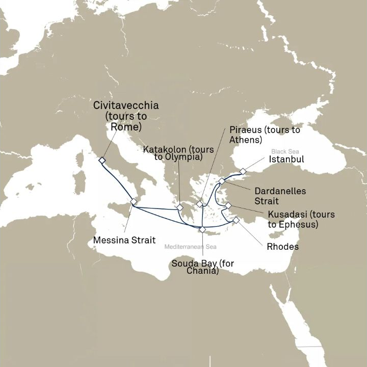 Queen Victoria Voyage V619 itinerary map from Civitavecchia (tours to Rome), Italy to Civitavecchia (tours to Rome), Italy