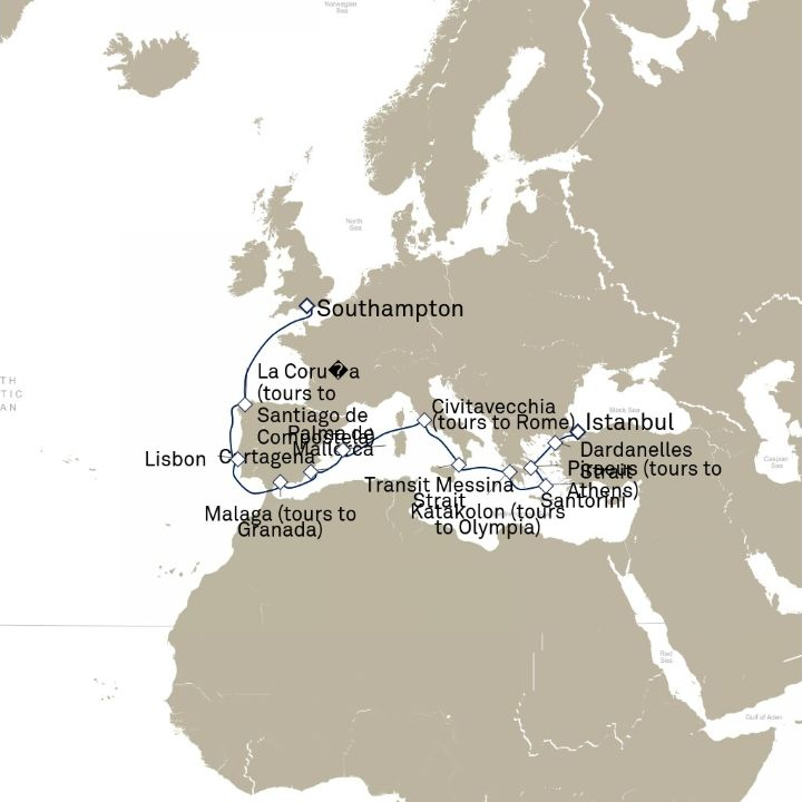 Queen Victoria Voyage V619D itinerary map from Istanbul, Turkey to Southampton, England, UK