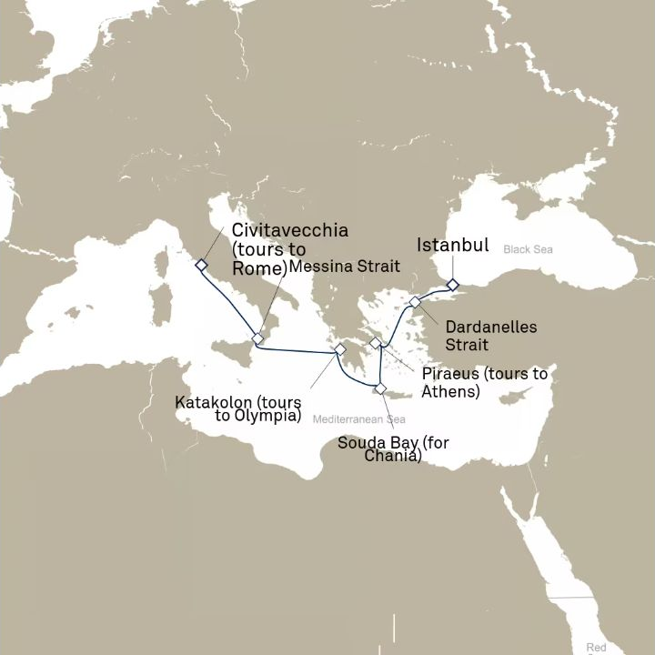 Queen Victoria Voyage V619C itinerary map from Istanbul, Turkey to Civitavecchia (tours to Rome), Italy