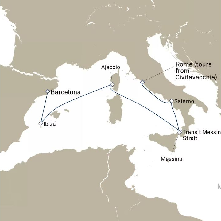 Queen Victoria Voyage V618A itinerary map from Barcelona, Spain to Civitavecchia (tours to Rome), Italy