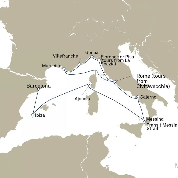 Queen Victoria Voyage V618 itinerary map from Barcelona, Spain to Civitavecchia (tours to Rome), Italy