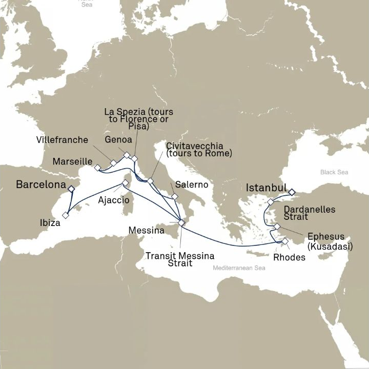 Queen Victoria Voyage V618B itinerary map from Barcelona, Spain to Istanbul, Turkey
