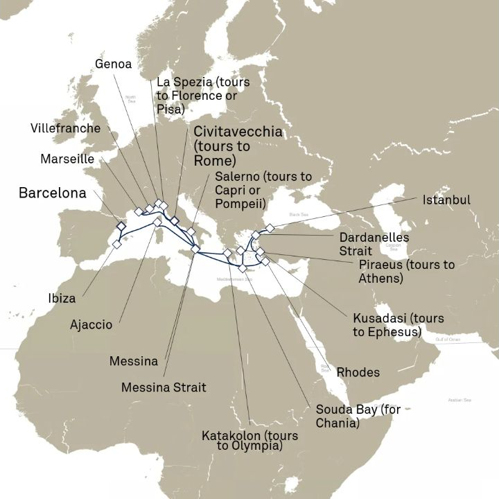 Queen Victoria Voyage V618C itinerary map from Barcelona, Spain to Civitavecchia (tours to Rome), Italy