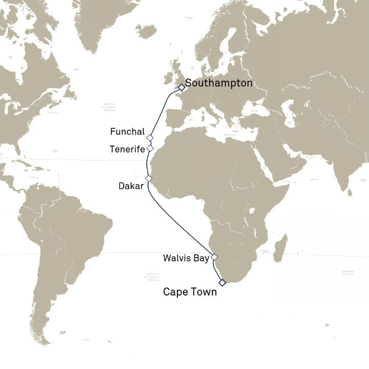 Queen Victoria Voyage V708 itinerary map from Cape Town, South Africa to Southampton, England, UK
