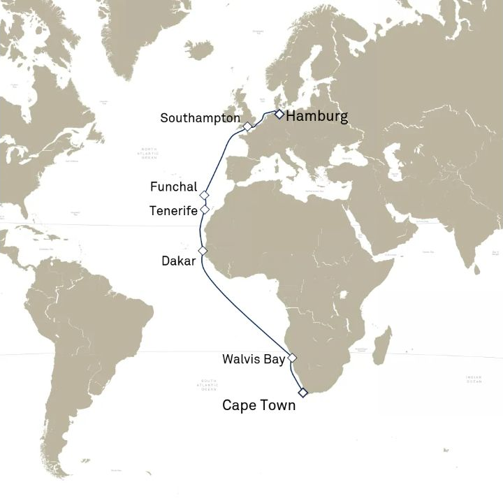 Queen Victoria Voyage V708A itinerary map from Cape Town, South Africa to Hamburg, Germany